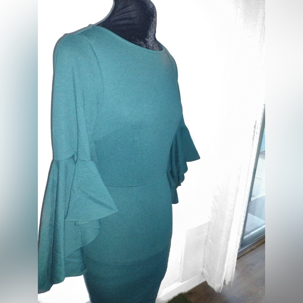 NWT Vfshow Bell Ruffle Sleeve Bodycon Midi Dress Dark Green Blue XS - Picture 8 of 11